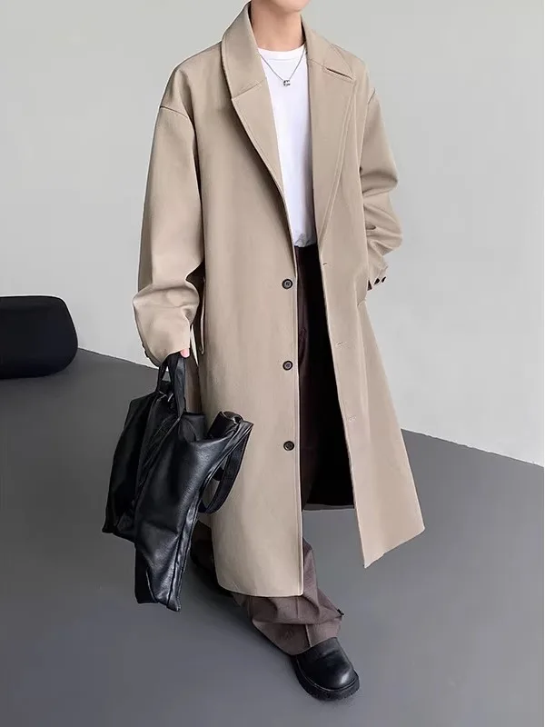

TANGZ Studio Briti Sle Loose Fit Long Single-Button Men's Coat Cool Haome Over-Knee Korean Trend Autumn Polyester