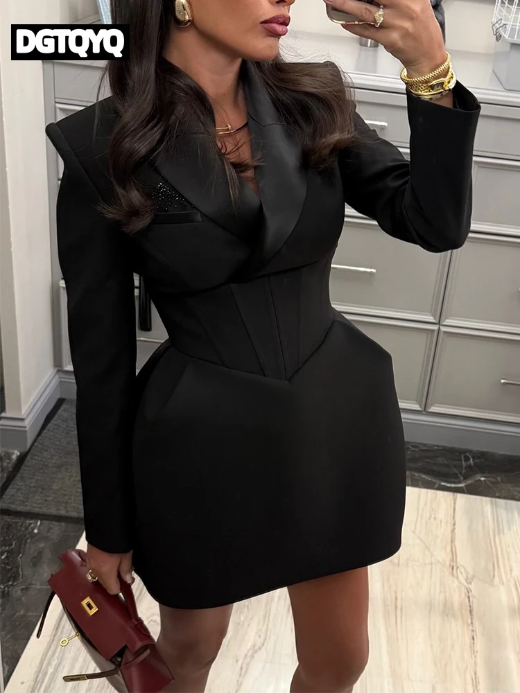 Women Elegant Waist-cinching Blazer Mini Dress Chic Full Sleeve V-neck Slim Dresses Sexy 2026 Lady Daily Commute Office Vestidos