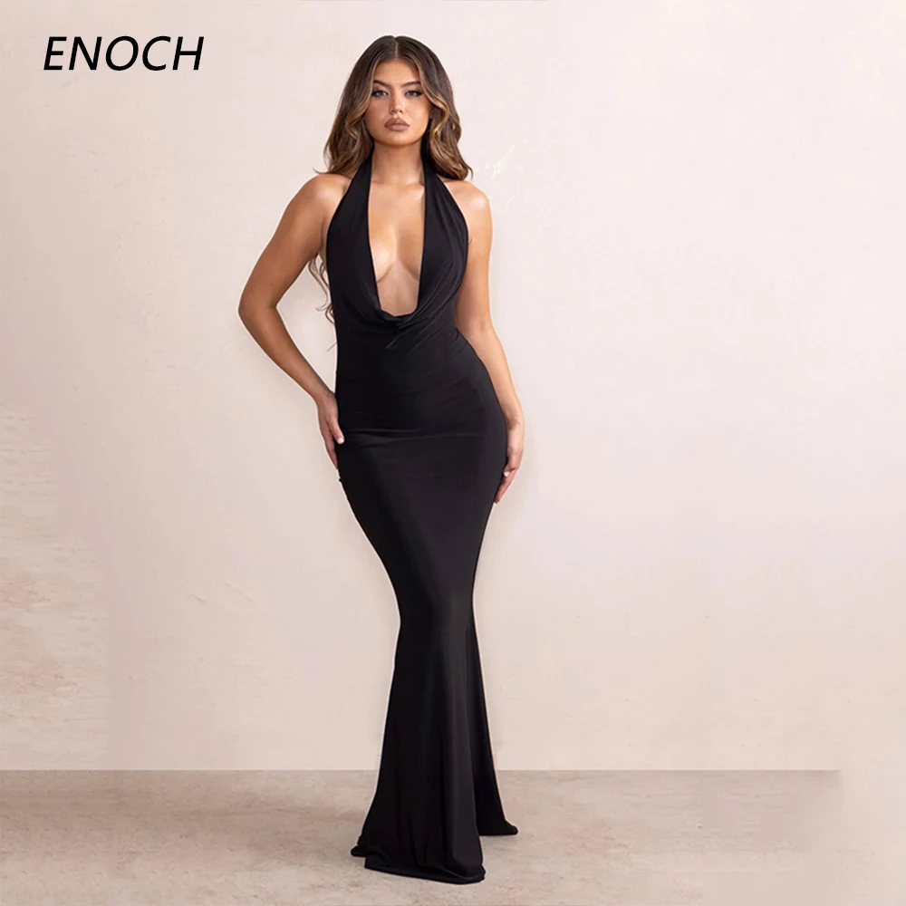 

ENOCH Sexy Deep V-Neck Black Mermaid Prom Dresses Simple Sleeveless Backless Floor Length Party Formal Gown Robe De Soirée New