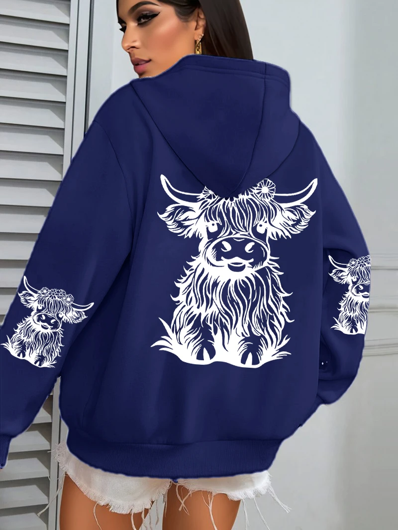 Niedliche Kuh-Haarmotiv-Kapuzenpullover mit Cartoon-Druck für Damen, Fleece-Herbst-Streetwear, bequemer lässiger Hoodie, Y2K-Taschen-Kapuzenpullover, vielseitig kombinierbar – Detail 12