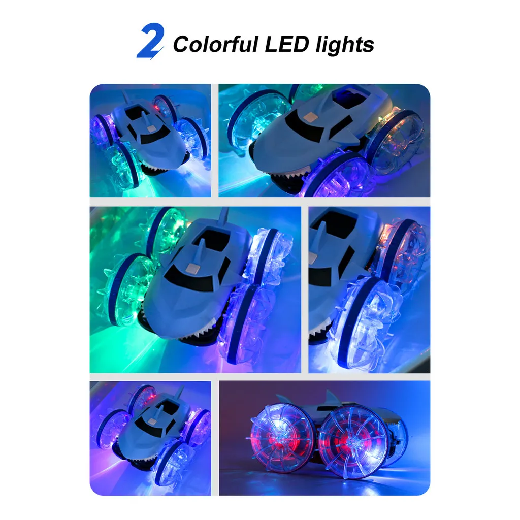 Carro dublê anfíbio atualizado com água e terra de tubarão à prova d'água com controle remoto duplo e luzes LED