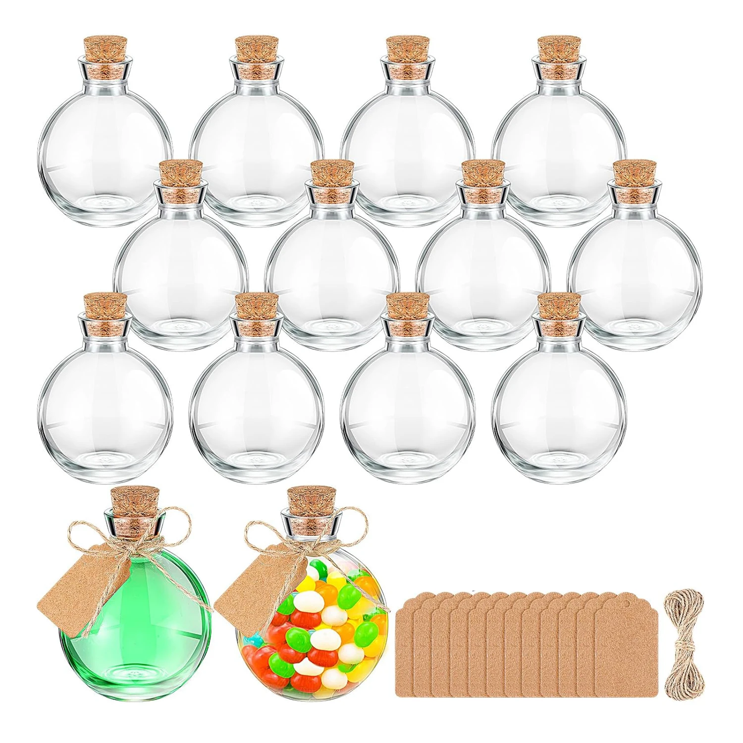 250ML-Mini Glass Bottle with Cork Lids Round Small Decorative Jar Ball Shaped Glass Potion Bottles with Tags and Ropes for DIY