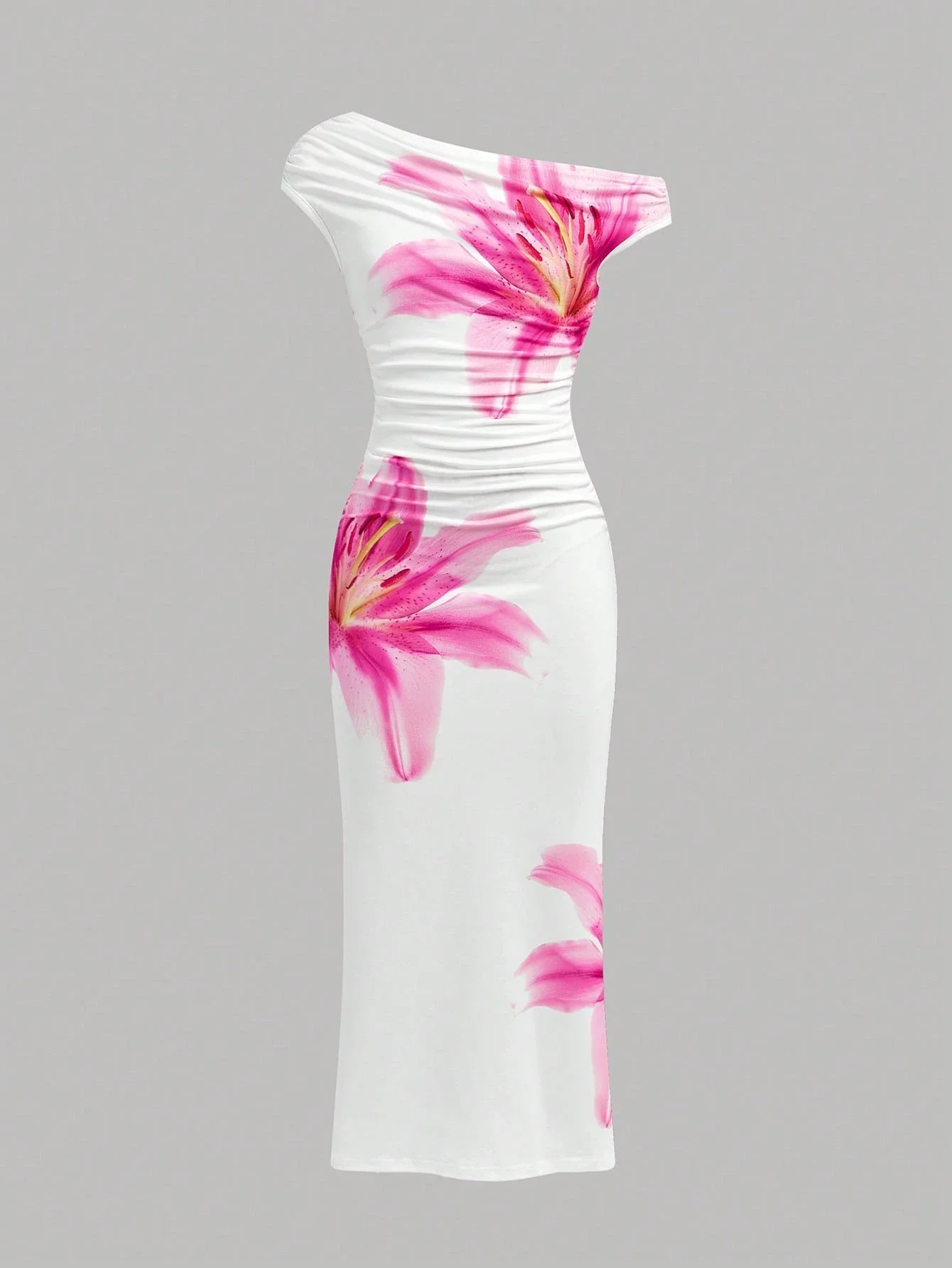 

Women Asymmetric Shoulder Ruched Waist Floral Maxi Dress