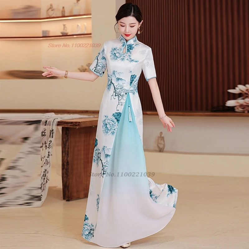 

2025 chinese improved qipao vietnam aodai dress traditional flower print cheongsam a-line dress banquet evening dress vestido