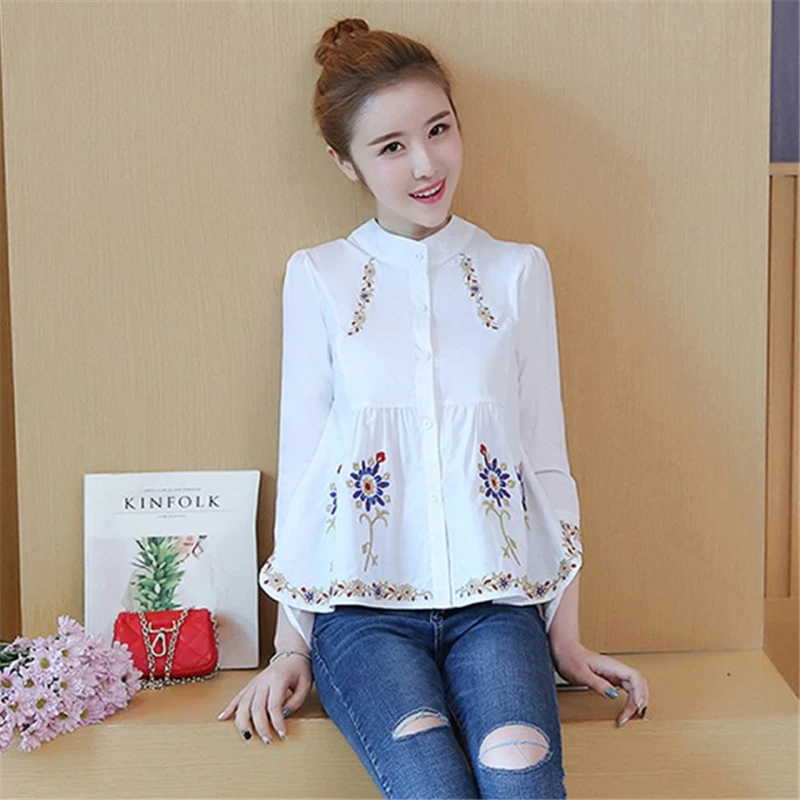 Ethnic Vintage Embroidery 100% Cotton Shirt Women Elegant Blouse Button Up Shirts Ladies Office Wear Loose Casual Tops 2022 New