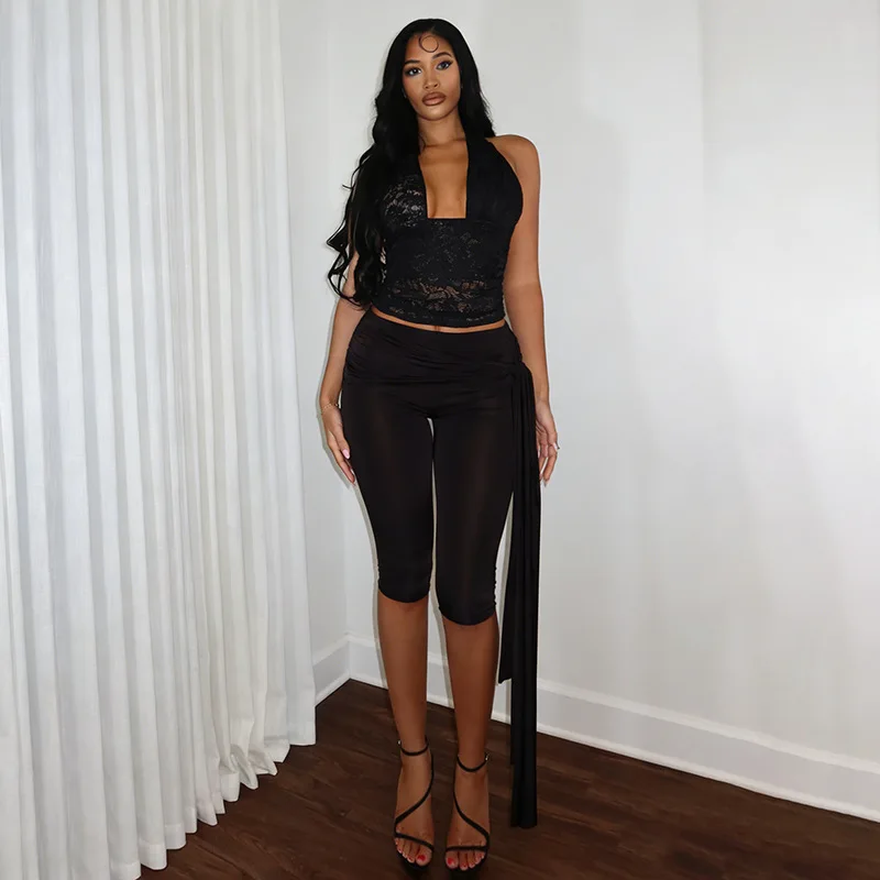 

Women's Spring Summer Lace Backless See-through Top Knot Sash Seven-eighths Pants Set Cross-border Fashion Casual Sportswear