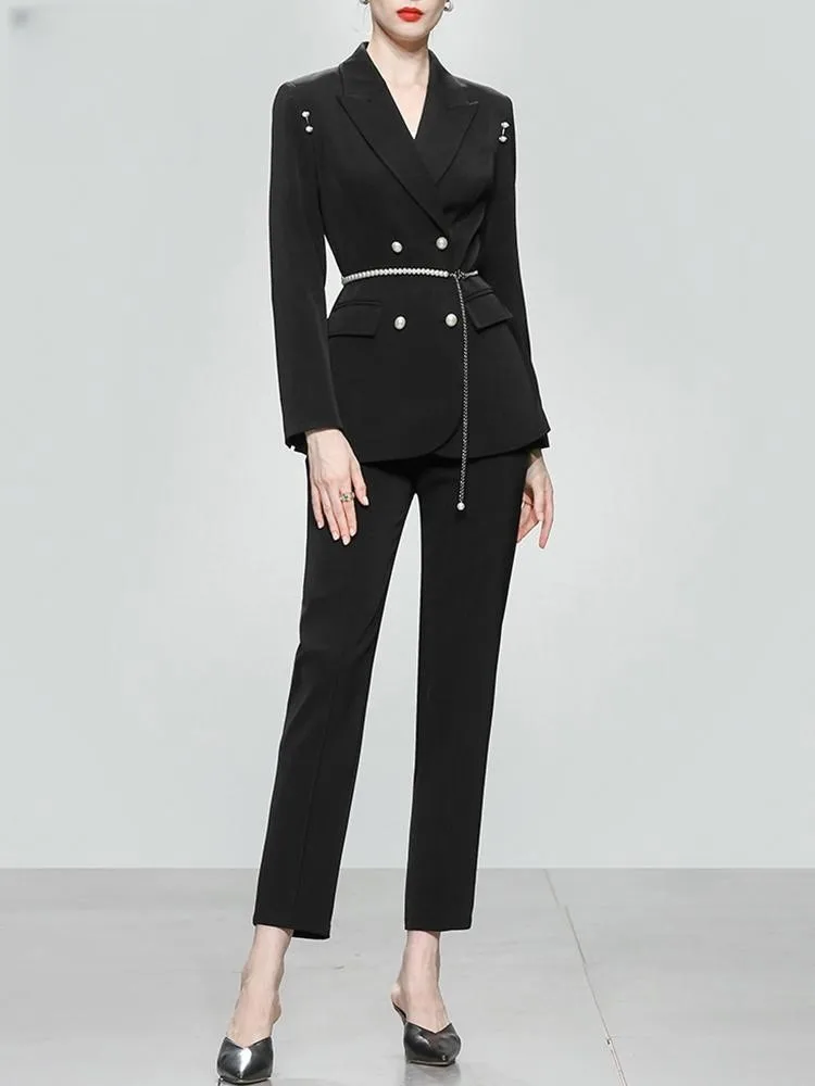 Traje De 2 piezas De ocupación para Mujer, Blazer con cadena De cuentas, pantalones, Conjunto De Trabajo OL coreano, Trajes Elegantes, otoño e invierno, 2023