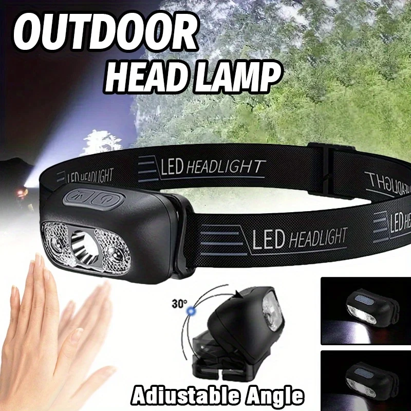 Strong Light Rechargeable LED Headlamp Waterproof Induction Head Flashlight with Red Flashing Warning Light for Outdoor Work