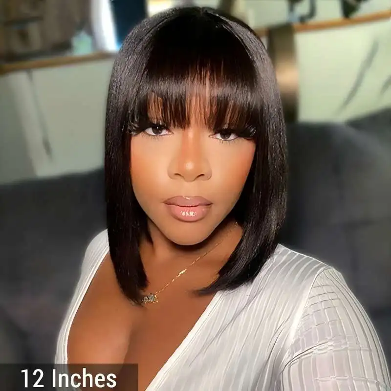 

Yaki Straight Human Hair Wig with Bangs Glueless Short Bob Wig Human Hair 4x4 HD Transparent Lace Bob Wig with Bangs 220 Density