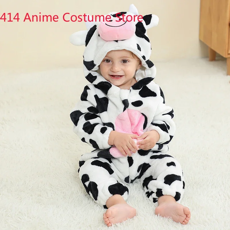 Animal Milk Cow Costume Kigurumi Romper for Baby Boys Girls Infant Toddler Hooded Jumpsuit Onesie Outfit Flannel 0-36M