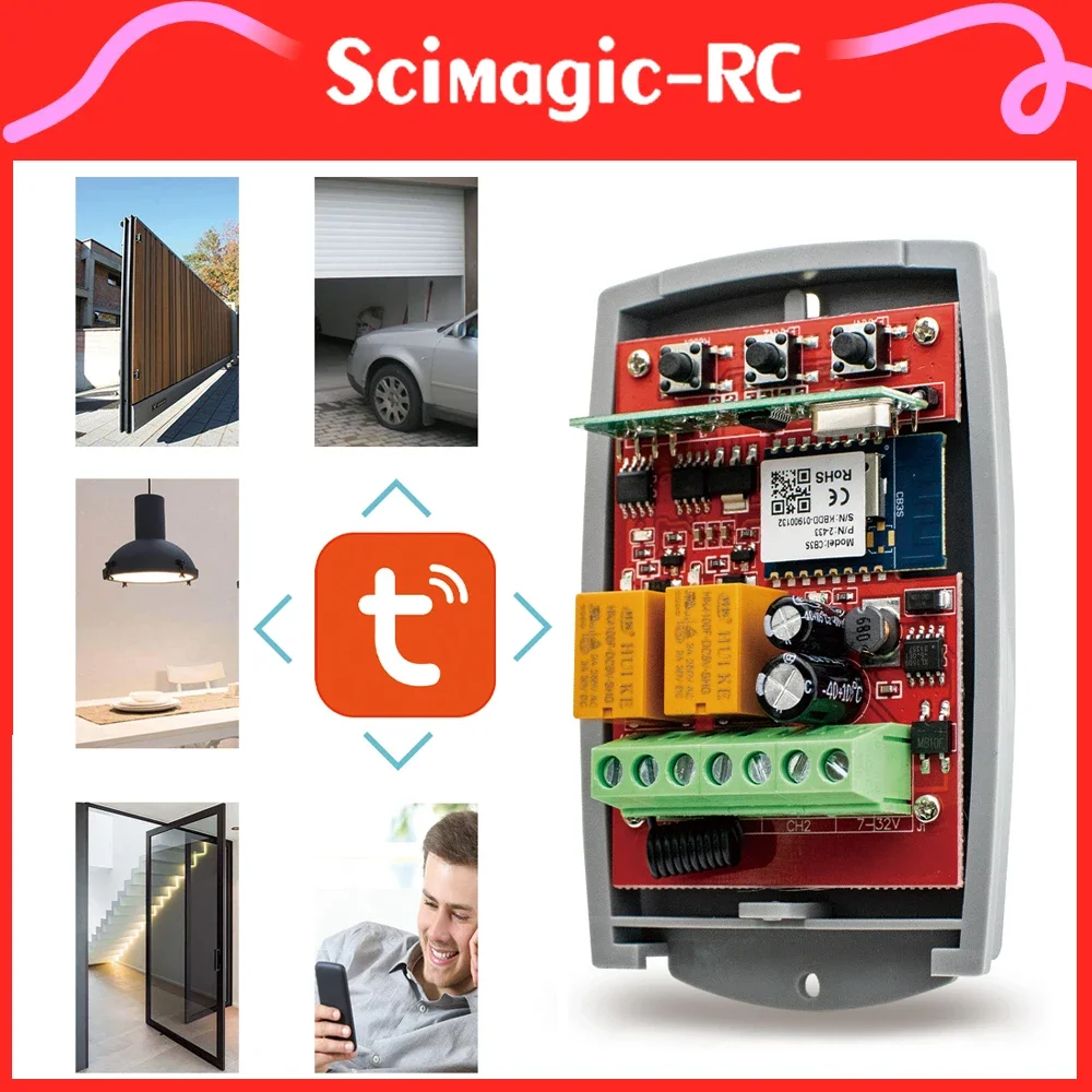 Abridor de puerta de garaje Tuya Wifi de 2 canales y control RF de 433 mhz. 433.92mhz Aprendizaje/Fijo/Código Continuo El interruptor de RF funciona con Alexa Google Home