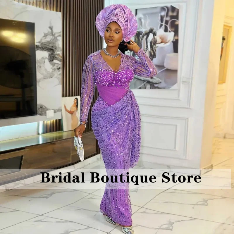 

Nigerian Purple Beaded Lace Birthday Dress Custom Luxury Beading African Traditional Bridal Dress Aso Ebi Formal Party Dresses