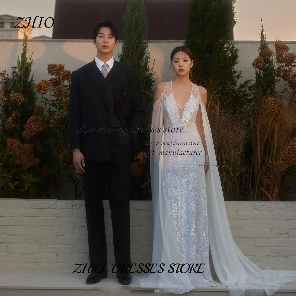 

ZHIO White Fishtail Dress Sequins Korean Wedding Deep V Neck Cape Sleeve Customized Luxury Ceremony Dinner Celebration Dresses