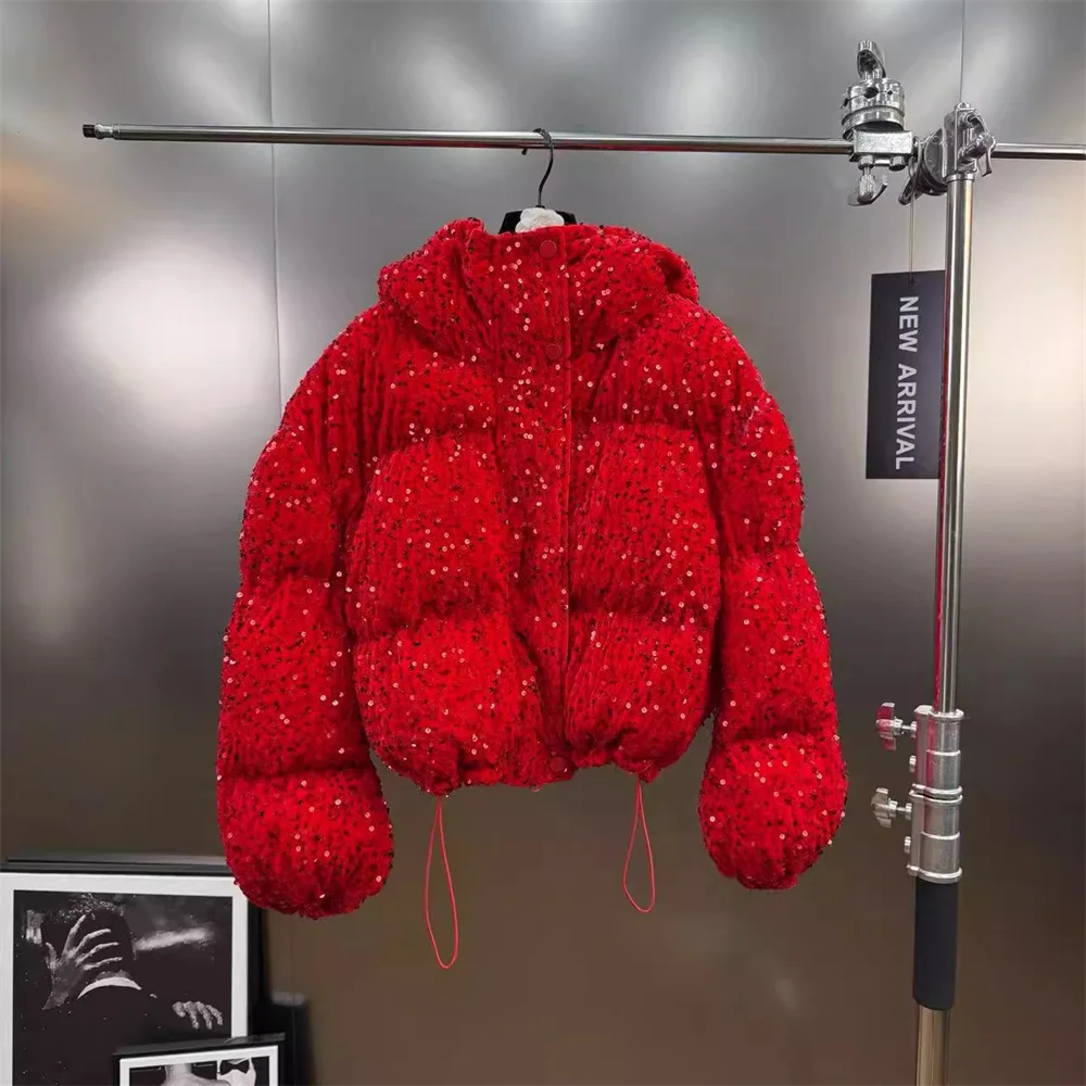 

2025 Women's Winter Hooded Down Jacket, Christmas Sequined Women's Cotton-padded Jacket, Y2K New High-Quality Coat bra