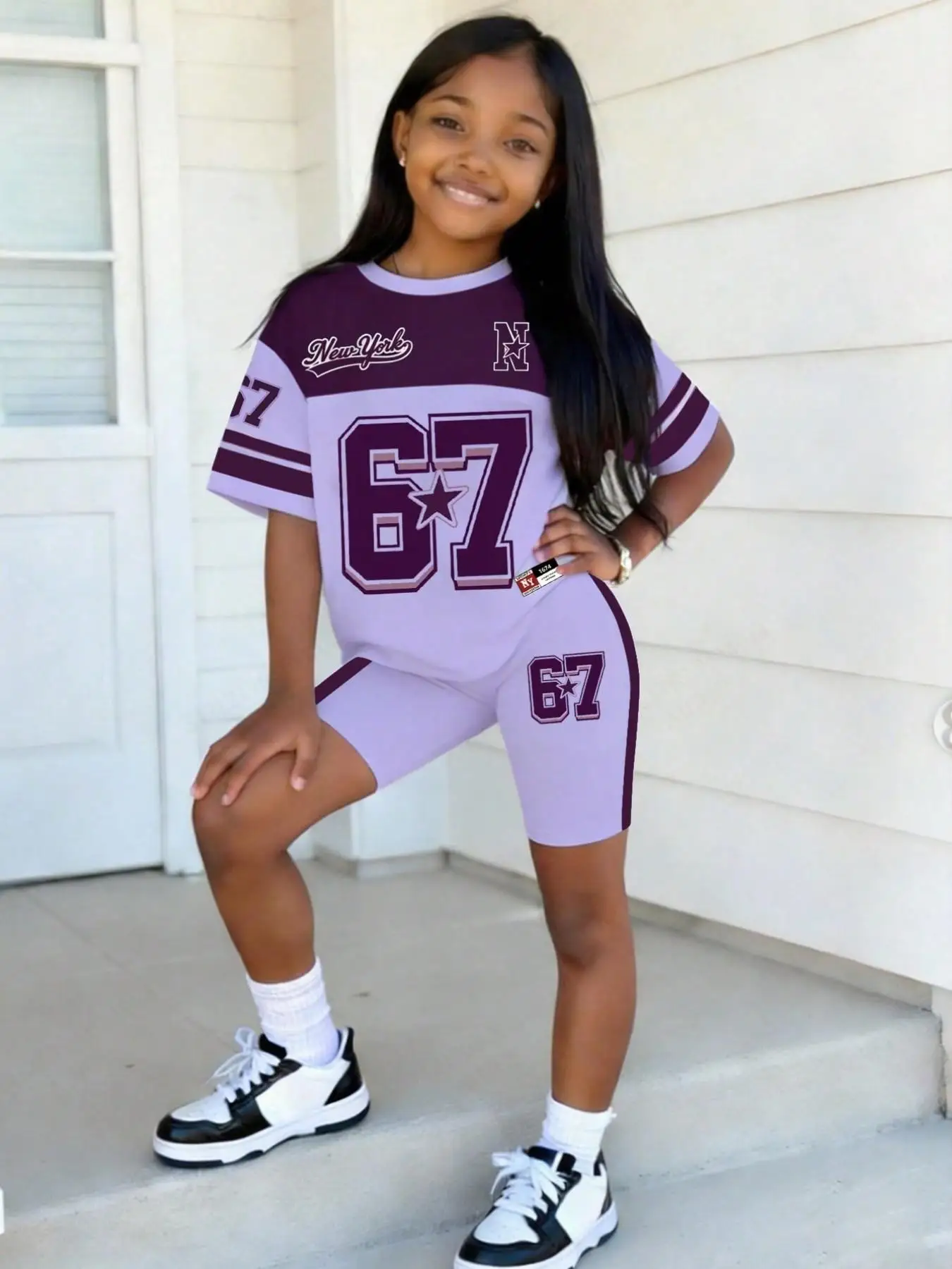 Girls' Summer Casual Outfit, Children's Purple Color-Blocking Set, Girls' Regular Short-Sleeve T-Shirt + Tight Shorts Casual Two-Piece Set, New York +67 Number Print Clothing