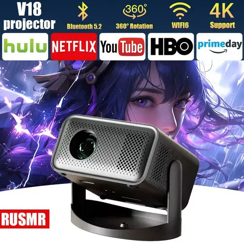 RUSMR Proyector portátil 110ANSI Android 4K nativo 600P Wifi6 automático RK3326 enfoque manual BT 5.2 360 ° cine en casa
