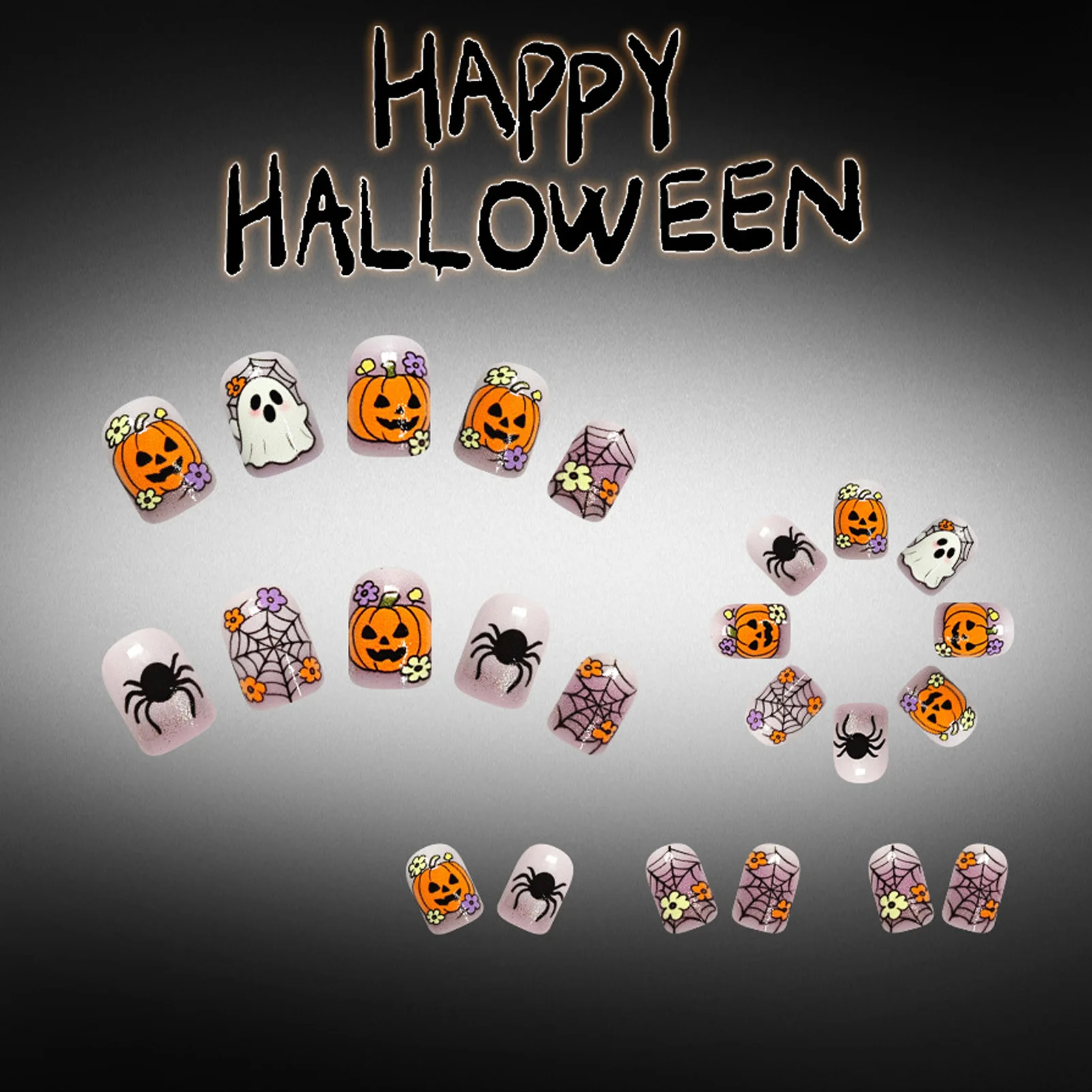 Easy-Apply Press On Nails Spooky Halloween Design for Party Wearable Resin Square Glitter Ghost Pumpkin Nail Set 24pcs