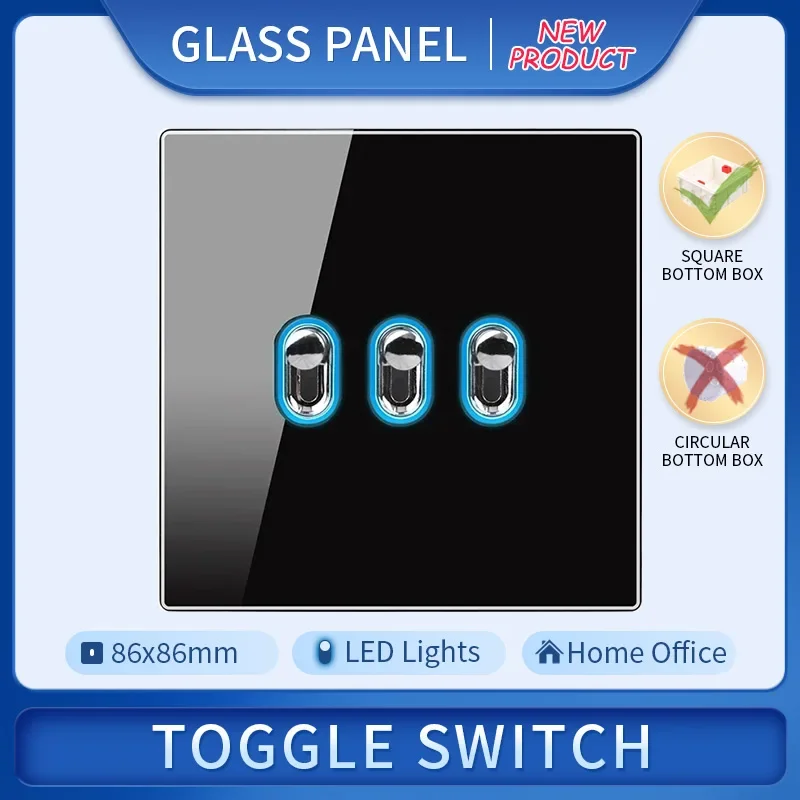 Black Glass Panel Toggle Wall Light Wall Switch Button EU UK Standard Led Indicator Light Bedroom Usb Switch Socket 1-4Gang