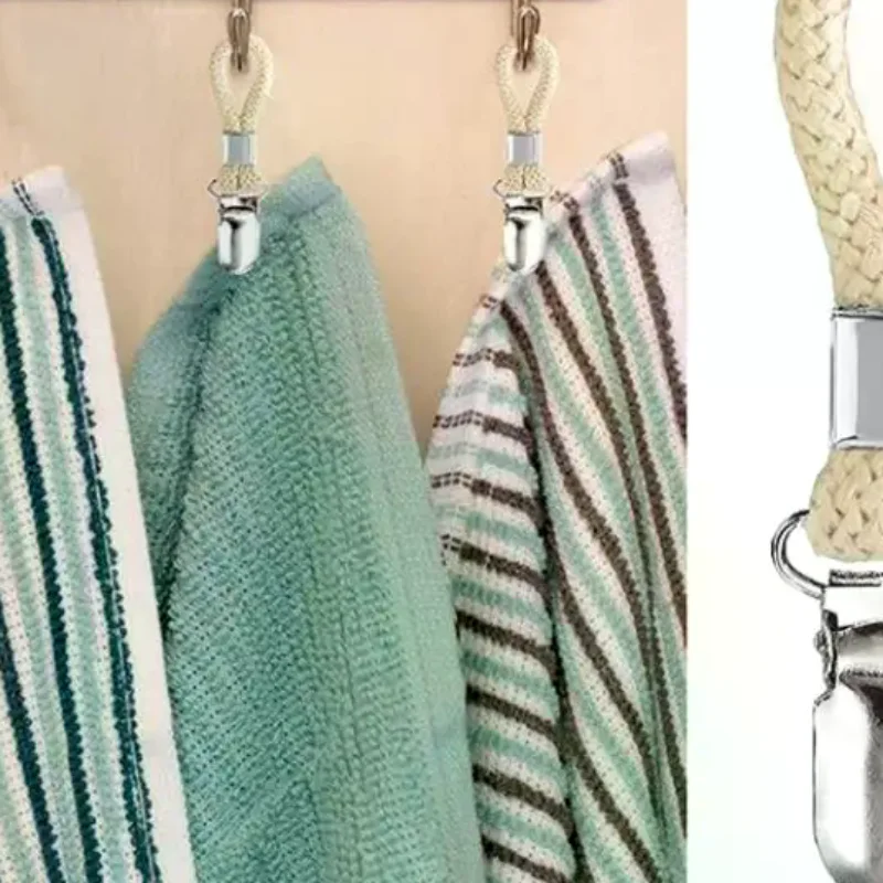 Bathroom Towel Clips Braided Multipurpose Cloth Hanger Bathroom Cotton Loop Towel Clip Metal Clamp Kitchen Home Storage