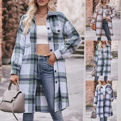 Autumn Winter Women's Long Windbreak Casual Flannel Plaid Shirt Long Jacket Female Loose Outwears Women's Single-breasted Jacket