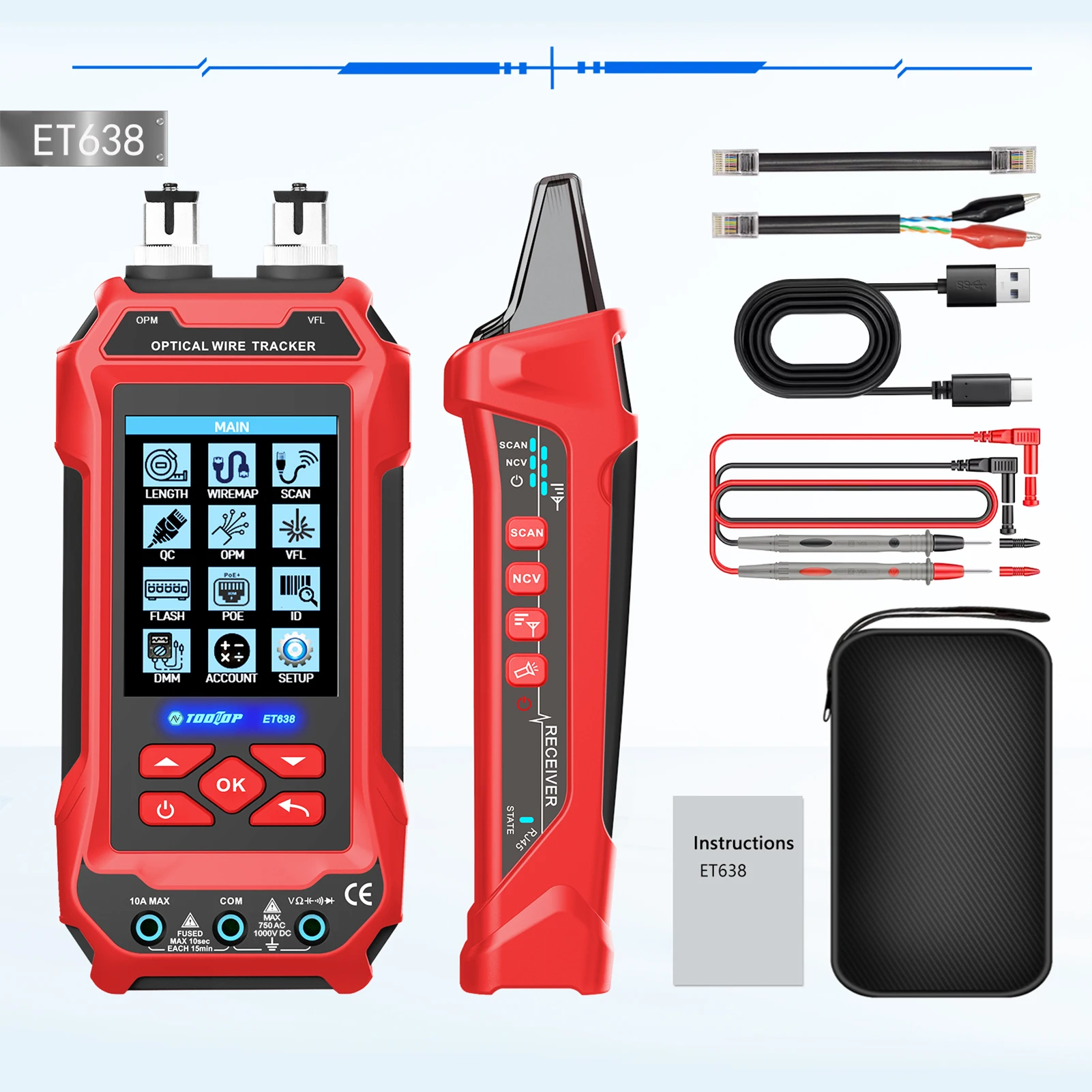 ET638 5in1 Multifunctional Network Cable Tester Multimeter, AC/DC Voltage,Diode, Resistance,Capacitance Test Optical Power Meter