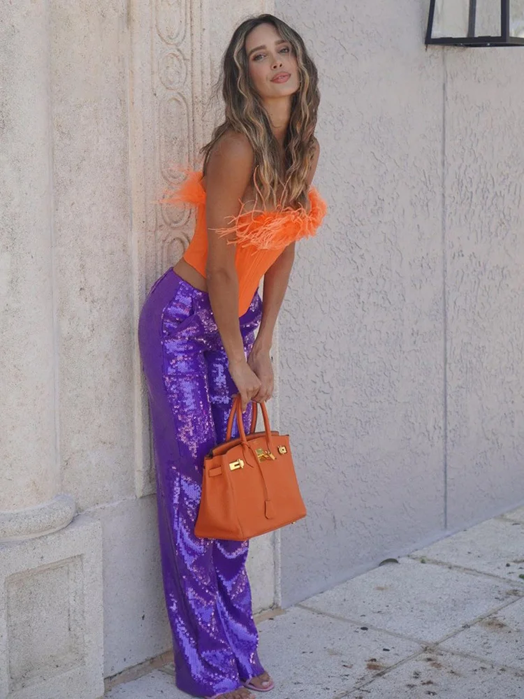 2024 Celebrity Party Pants Set for Women, Strapless Feather Design Crop Top & Purple Sequin Trousers, Orange Bandage Suit