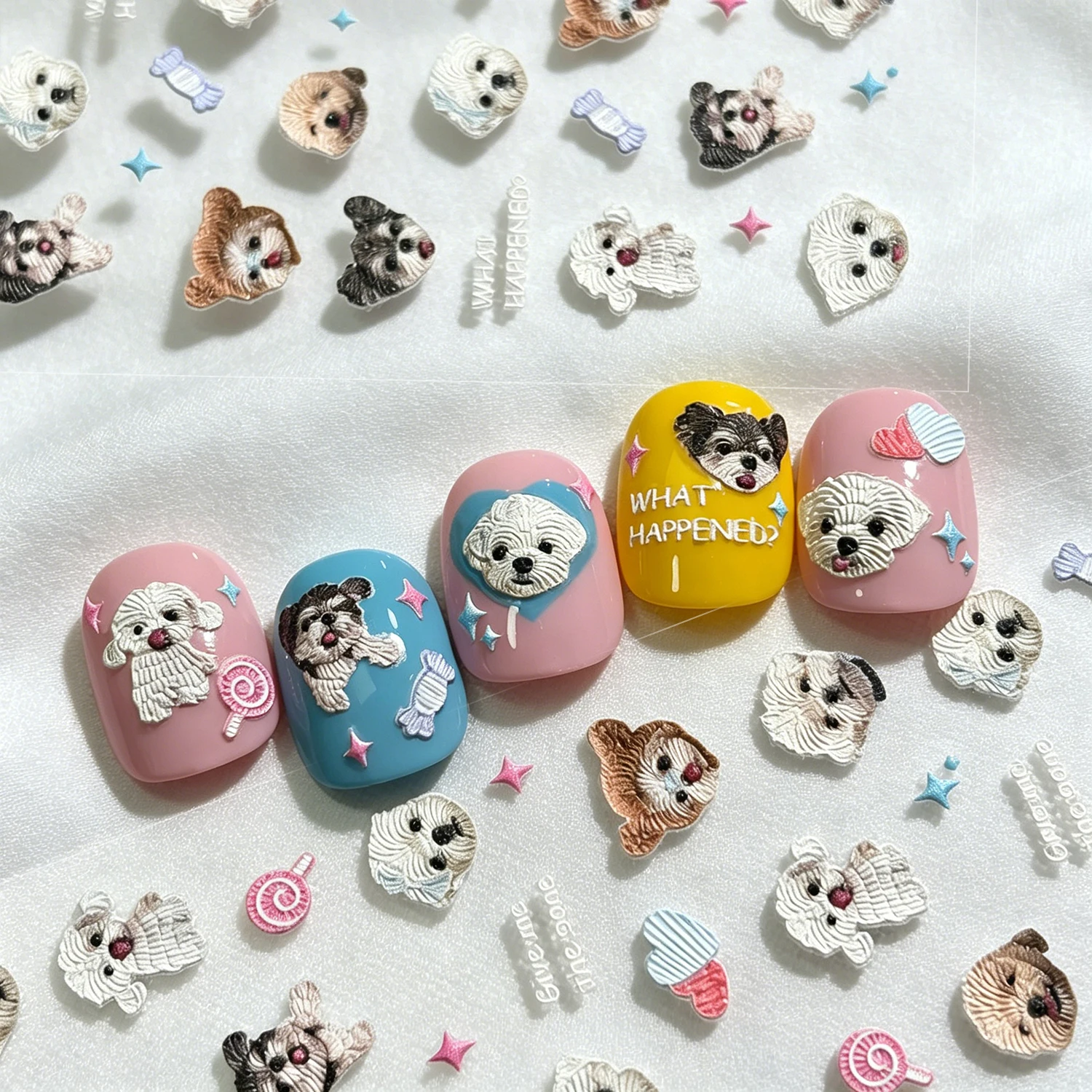 Calcomanías de Uñas 5D con Diseño de Cachorro Maltés, Adhesivos Blancos de Hikuma para Niños, Decoración de Uñas con Diseño de Estrella y Piruleta, Estilo Kawaii