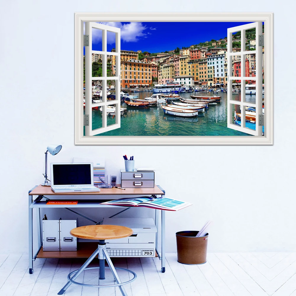 Greece City Landscape 3D Window View Wall Sticker Water City Vinyl Decal Aesthetic Kitchen Room Decor Wallpaper Sticker