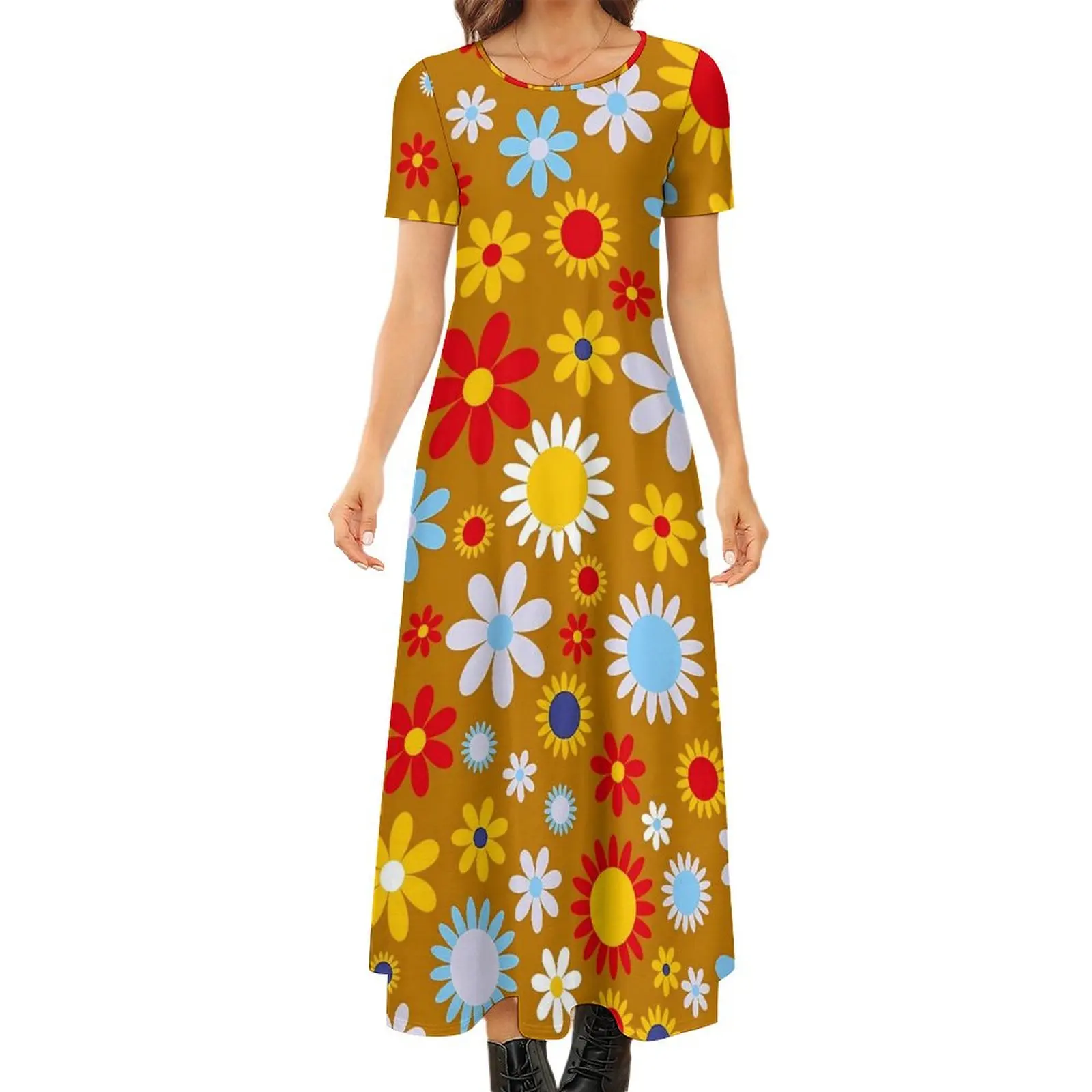 

Retro Flower Design Dress Floral Power Modern Maxi Dress Aesthetic Boho Beach Long Dresses Women Short Sleeve Oversized Vestido