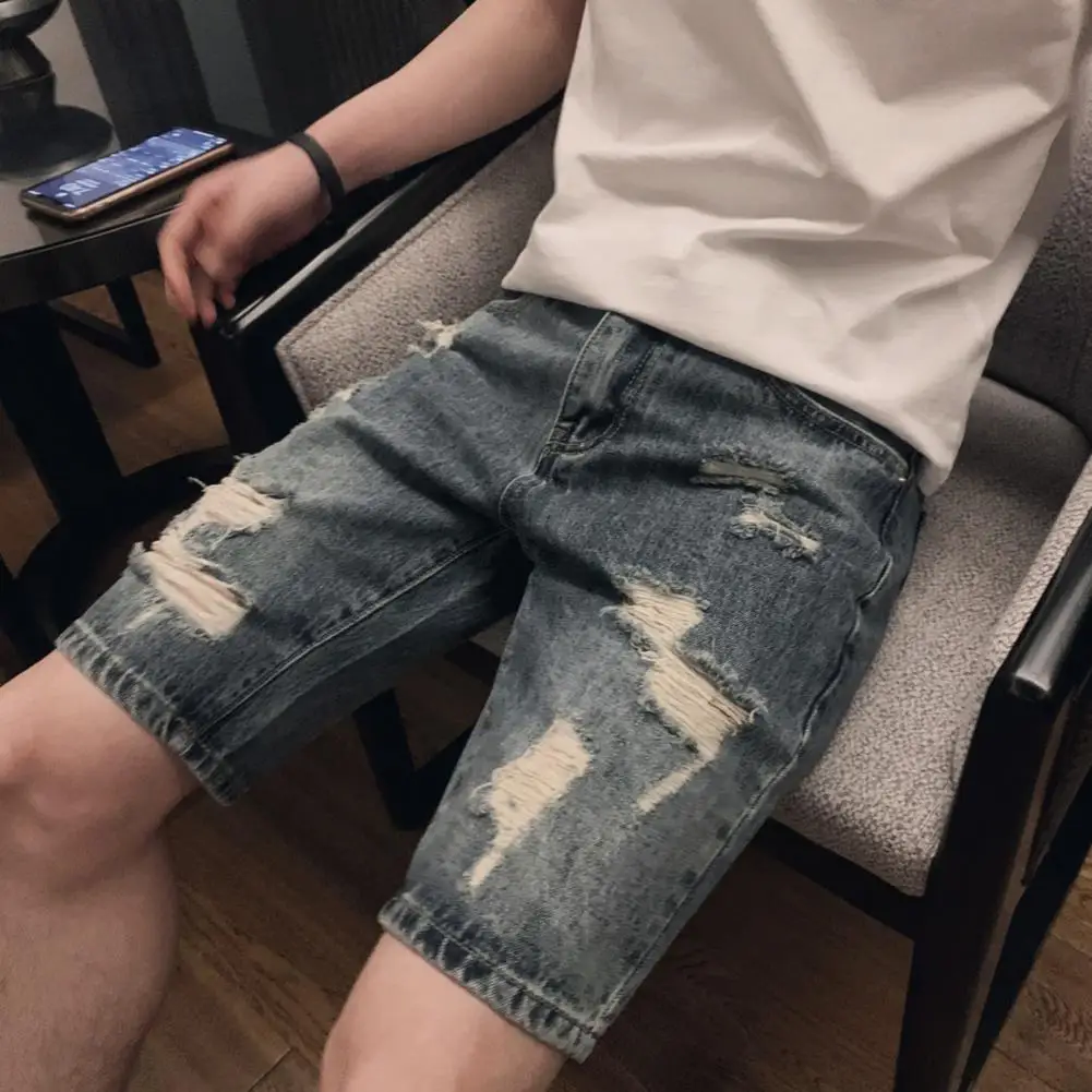 Short en jean pour homme, streetwear, taille moyenne, trous déchirés, poches, fermeture éclair, braguette à boutons, longueur genou, jambe droite