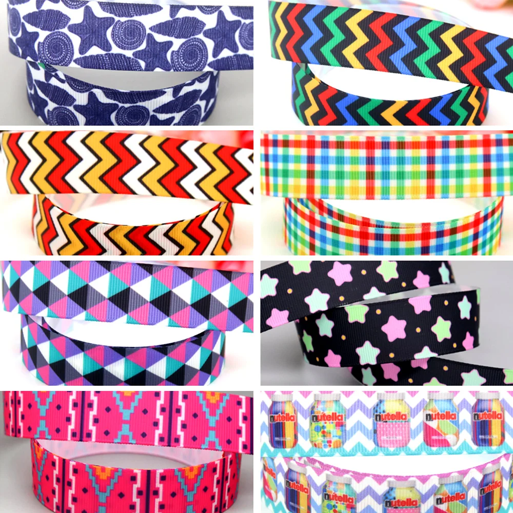 DHK 50yards Star Nute Chevron Plaid Quatrefoil Colors Printed Grosgrain Ribbon Material  Headwear Decoration Sewing S613