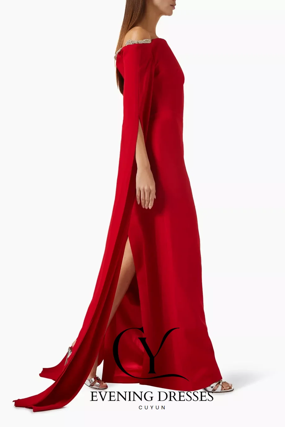 CUYUN-vestidos de noche formales rojos, mangas tipo capa con cuello barco y cuentas, vestido de fiesta con abertura en la espalda personalizado para ocasiones formales