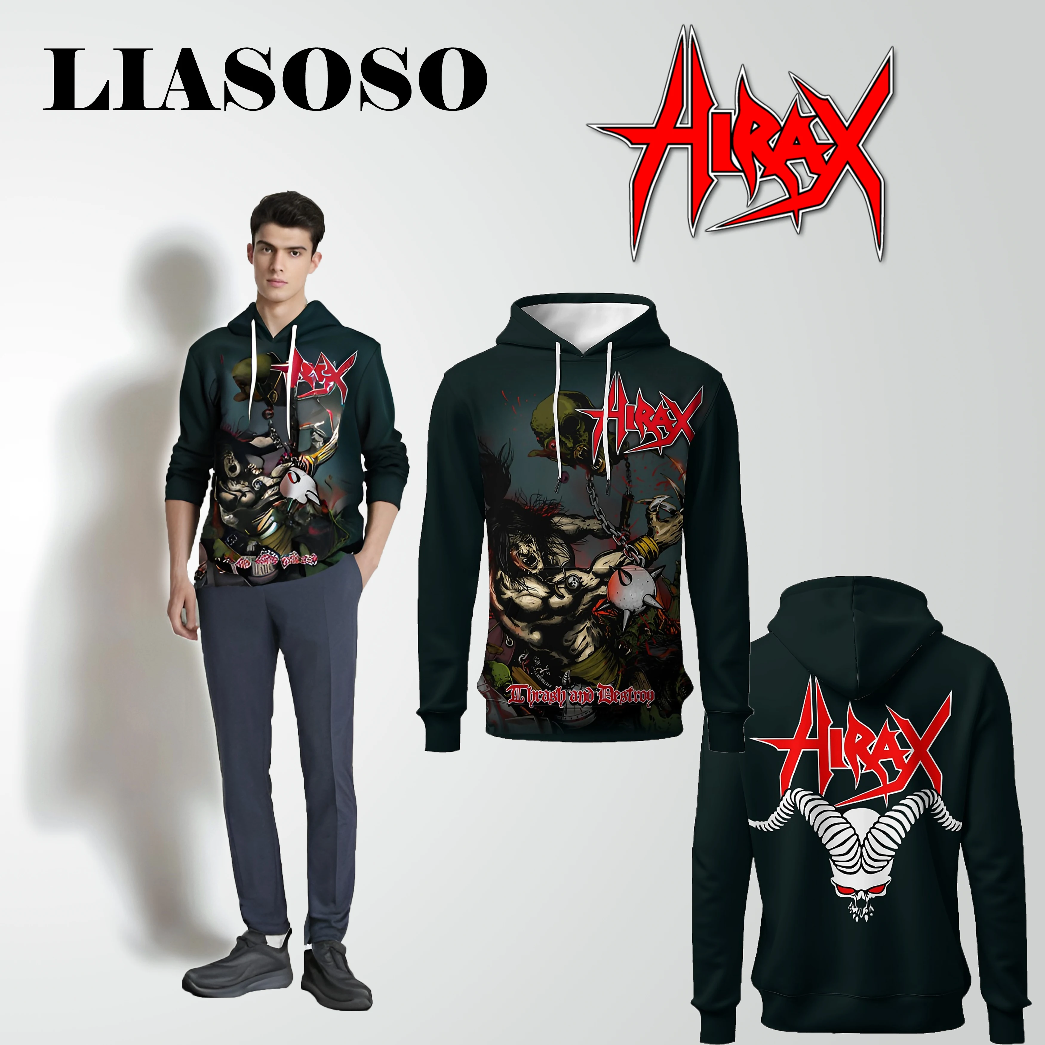 LIASOSO Hirax Band 3D Printed Hoodie Thrash Metal Harajuku Style Classic Long Sleeve Pullover for Men and Women Rock Fashion