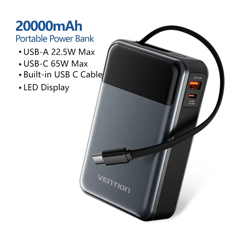 Vention 65W Powerbank 20000mAh met ingebouwde USB-C kabel, draagbare powerbank voor laptop, PD snellader voor iPhone 17, Samsung S25, S24