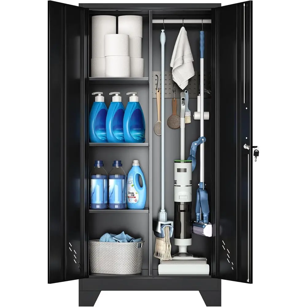

Metal Utility Cabinet for Brooms, Mops, and Cleaning Tools - Storage Solution for Garage, Laundry, and Bathroom