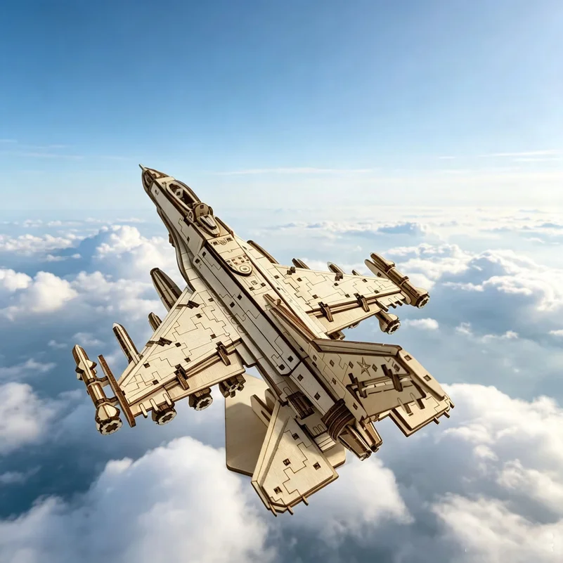 3D Wooden Fighter Jet Jigsaw Puzzle Model with Display Stand Military Aircraft DIY Jigsaw Puzzle, Study Decorative Ornament