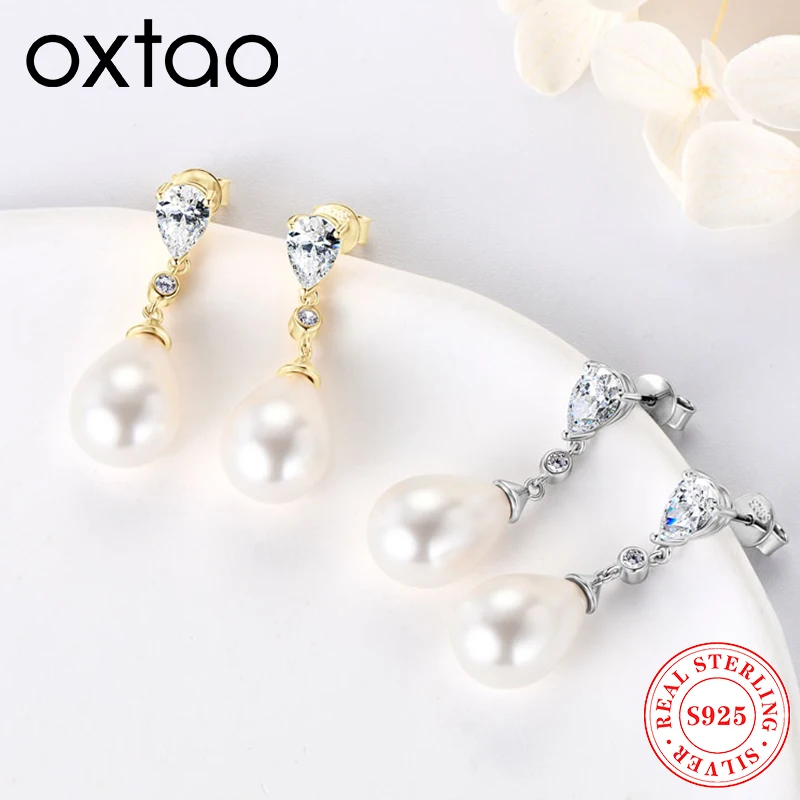 

OXTAO Pear Cut Zircon 13mm Shell Pearl Drop Earrings for Women 100% 925 Sterling Silver Elegant Fashion Versatile Fine Jewelry