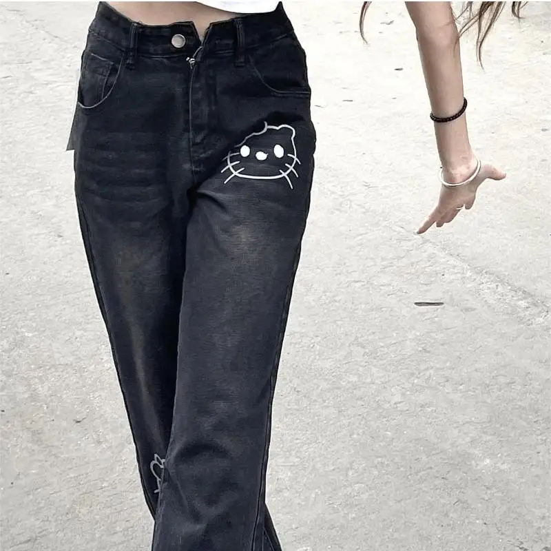 Kawaii Hollekitty Jeans Women's Printed High Waist Loose Straight Casual Pants Sanrio Versatile Popular Fashion Motorcycle Pants image 4