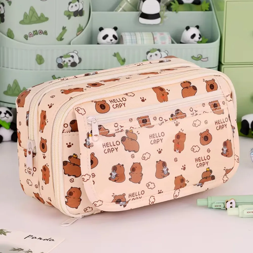 Cute 9-Layer Capibara Pencil Bag Creative Panda Capybara Stationery Bag Dirt-proof Korean Style Zipper Pencil Pouch Student