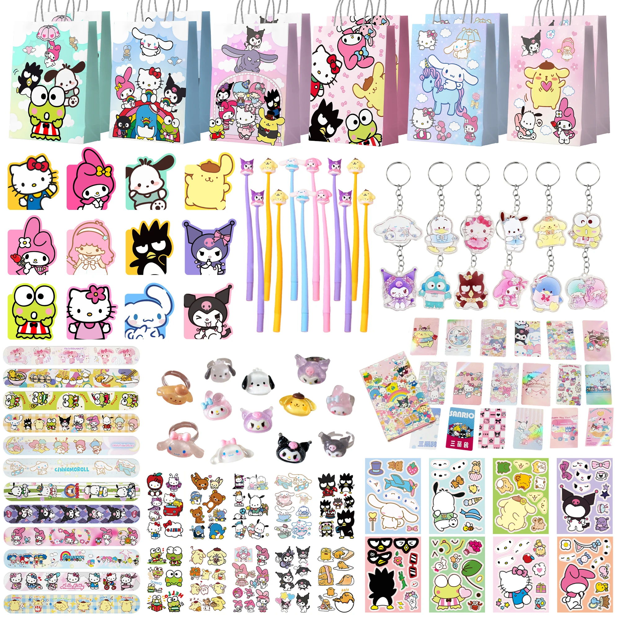 

97 предметов для вечеринки в стиле Sanrio: подарочные пакеты, временные татуировки, наклейки, брелоки, ручки и т.д. для дня рождения в стиле Sanrio.