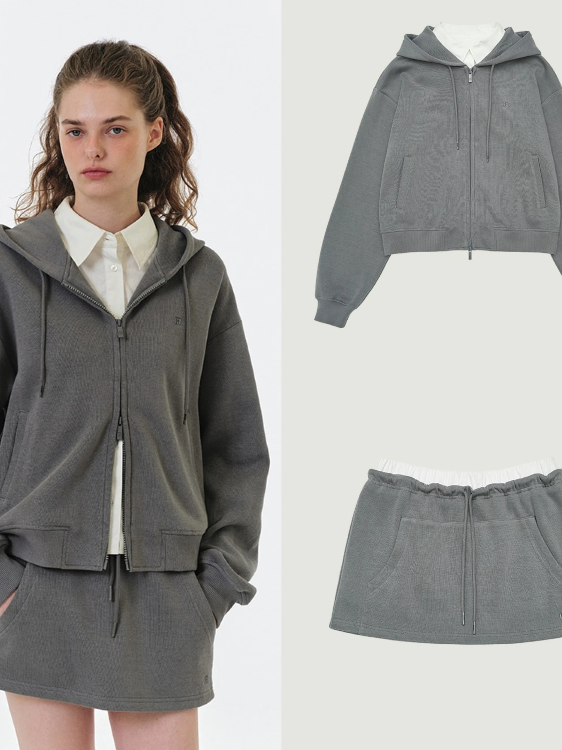 

Detachable Shirt Collar Zipper Hoodie Jacket Short Skirt Set Pure Color Versatile Outfit Casual Women's Wear Spring Season
