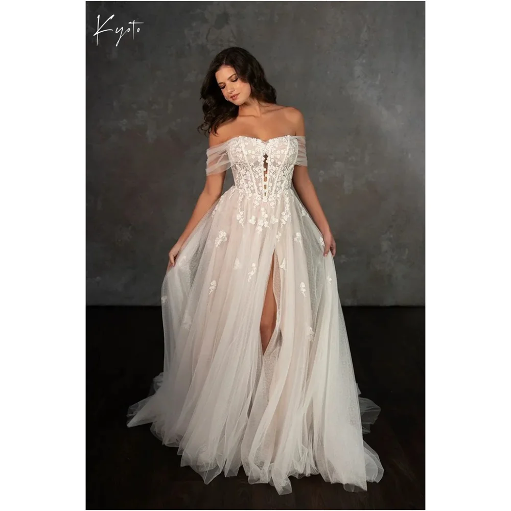 

Kyoto Индивидуальное свадебное платье трапециевидной формы цвета слоновой кости с цветочным вырезом и бантом с открытыми плечами فستان زفاف Формальное платье длиной до пола с разрезом