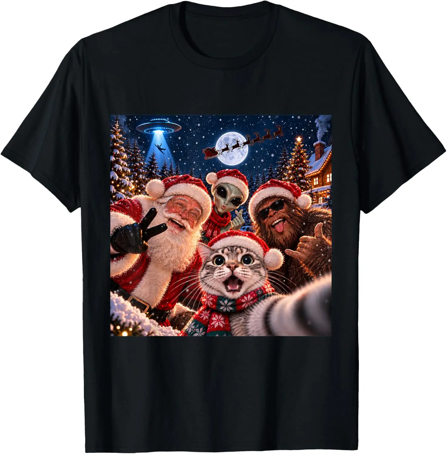Funny Christmas Santa Alien Bigfoot Cat Selfie T-Shirt Funny Christmas Cotton T-Shirt – Quick-Drying, Loose-Fit, Short-Sleeved