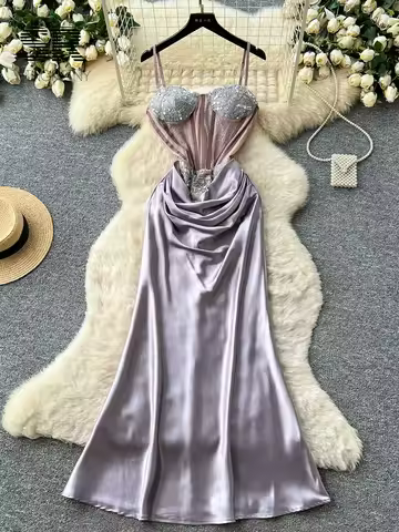 SINGREINY Satin Sequins Party Dress Summer Slim Curve Lace Splice Newest Ins Evening Gown Female Classy Luxury Corset Long Dress