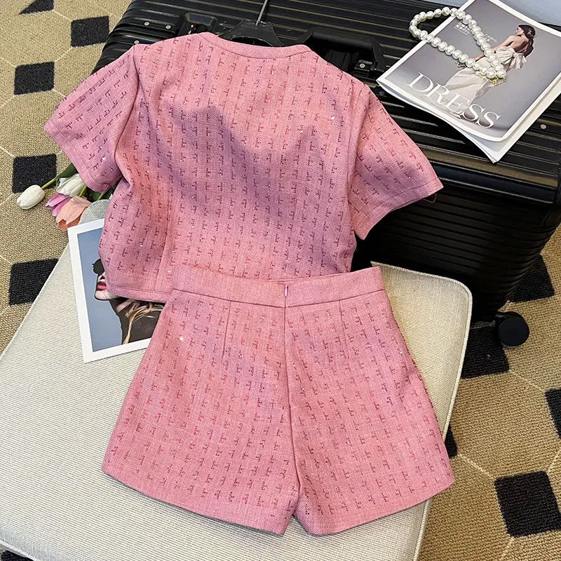 Women Vintage Pink Party Suit Shirt Top And Short Pant Two Piece Set Matching Outfit Korean Sweet Ladies fragrant Clothes Summer