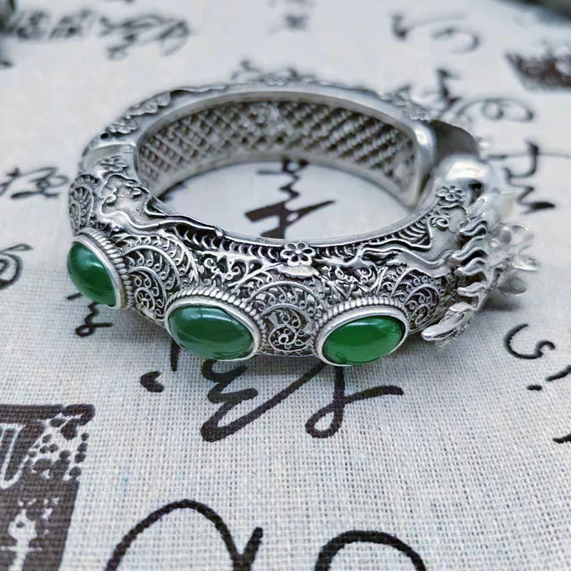 Handmade Miao Silver Hollow Imitation Antique Double Playing With Pearls Ethnic Style Open Bracelet Vintage Item