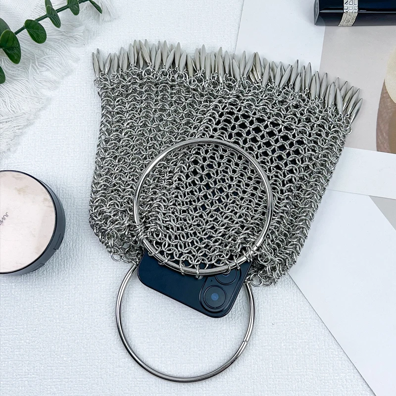 Handmade Metallic Evening Bags For Women Luxury Designer Handbag Purses 2026 New In Hollow Ring Handle Chain Mini Pouch Shoulder