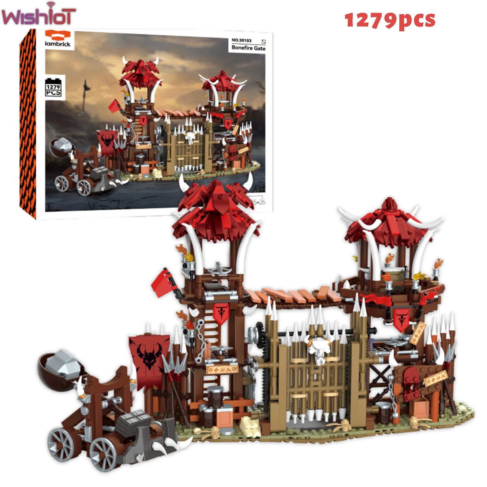 

1279 шт., строительные блоки для ворот Bonefire, примитивное племя орка, подвижные ворота, башня, катапульта, модель в сборе, игрушки, подарки на день рождения