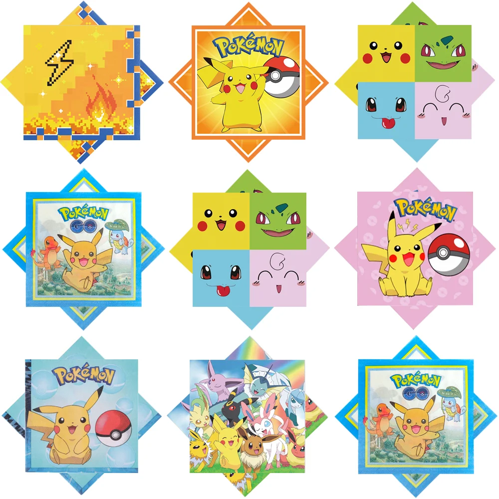 20pcs/lot Hot Pokemon Theme Birthday Napkins Pikachu Disposable Paper Towel Paper Napkins for Happy Birthday Party Supplies