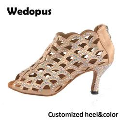 Wedopus Customized 7.5CM Champagne Satin Women's Sparking Dance Boots Salsa Dancing Shoes with Zipper